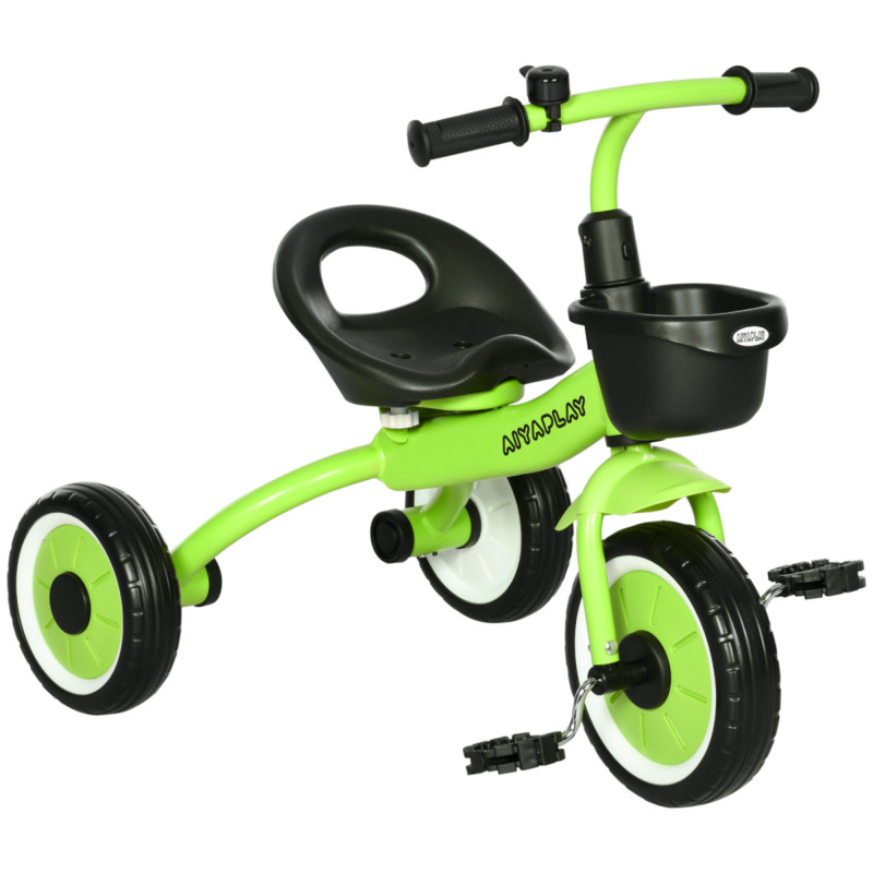 Aiyaplay Green Kids Tricycle - 10-inch Front Wheel, 8-inch Rear Wheels, Adjustable Seat, Front Basket, Ages 2-5