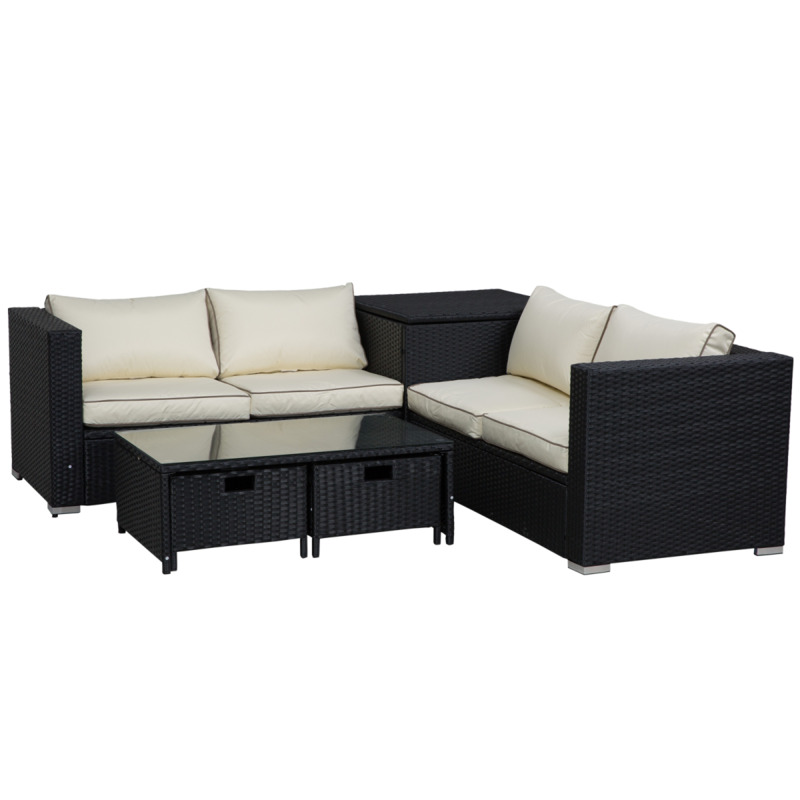 Outsunny 4-seater Rattan Wicker Garden Sofa Storage Set With Coffee Table & Corner Table - Black