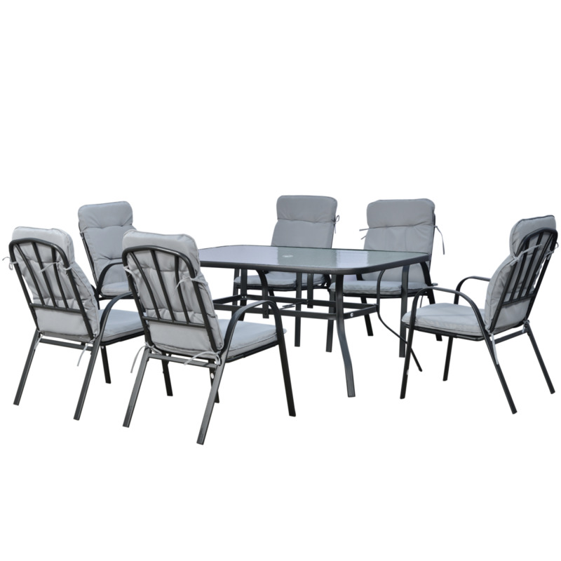 Outsunny 7 Piece Steel Garden Dining Set - Black Glass Table & Padded Chairs, 38mm Parasol Hole