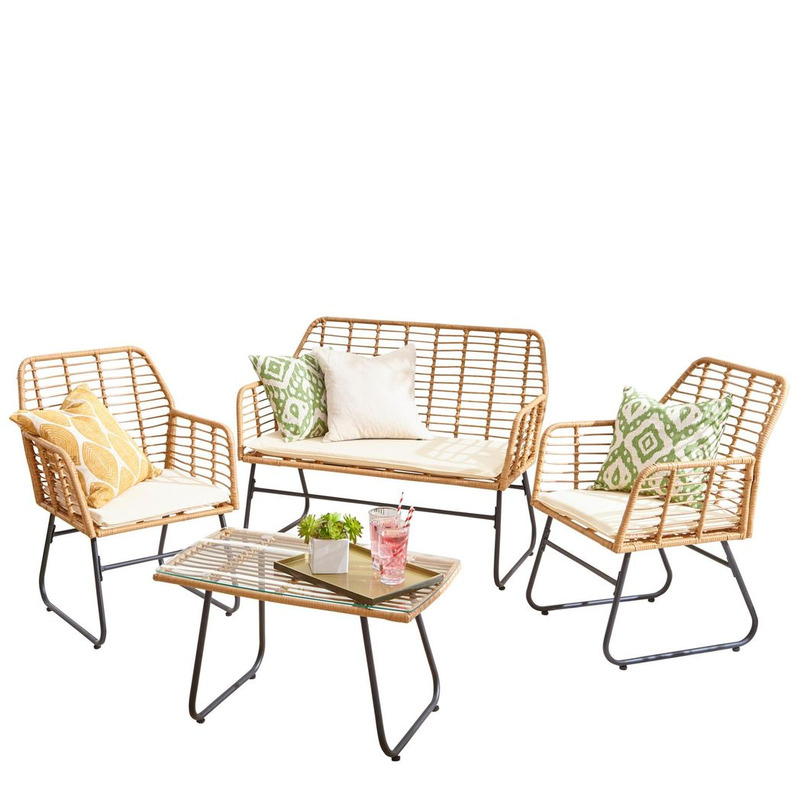 Neo Rattan-effect Bamboo Garden Sofa, Armchair & Coffee Table Set - Beige Cushions