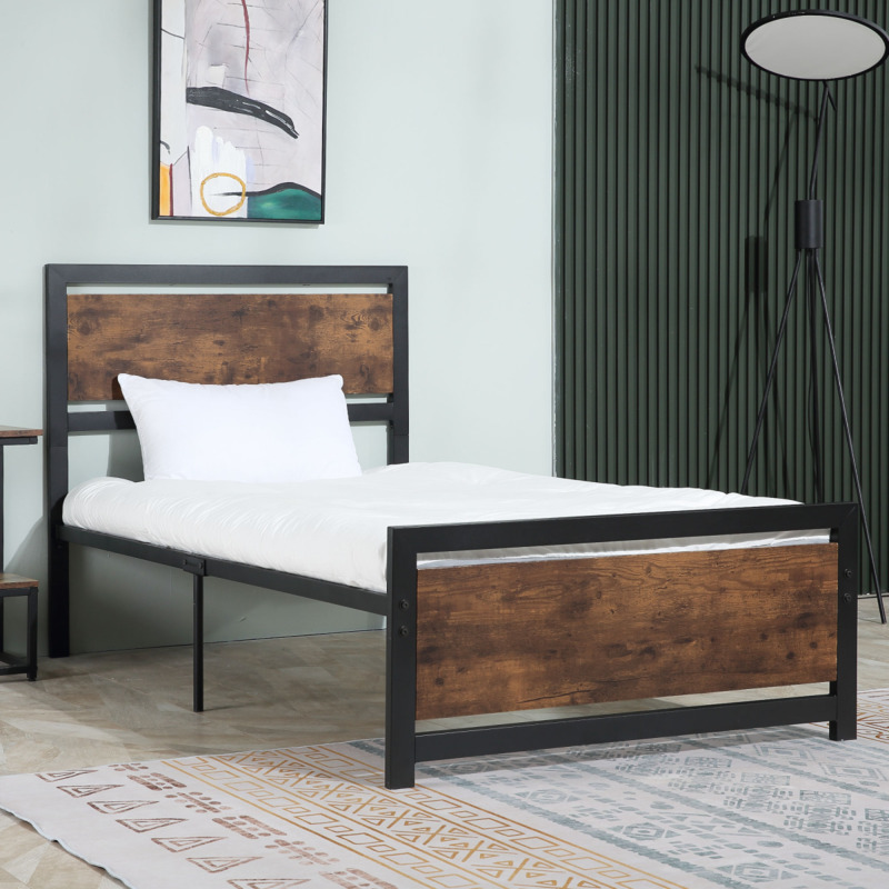Homcom Metal Single Bed Frame With Headboard Footboard - Industrial Brown Black 97x195x103cm