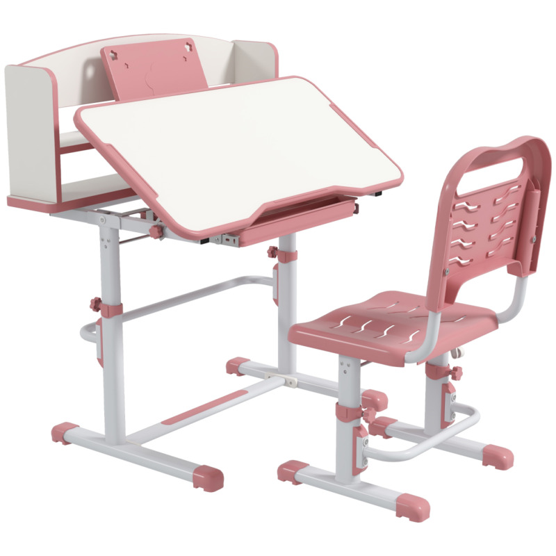 Zonekiz Height Adjustable Kids Desk & Chair Set - Pink, With Drawer & Bookshelf