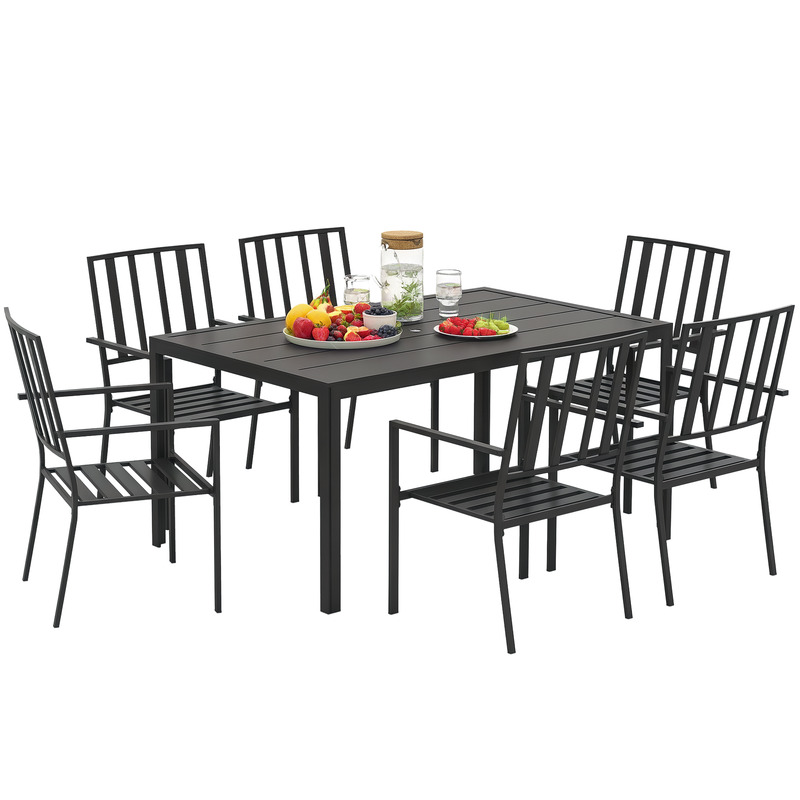 Outsunny 7 Piece Garden Dining Set Stackable Chairs Metal Top Table - Black