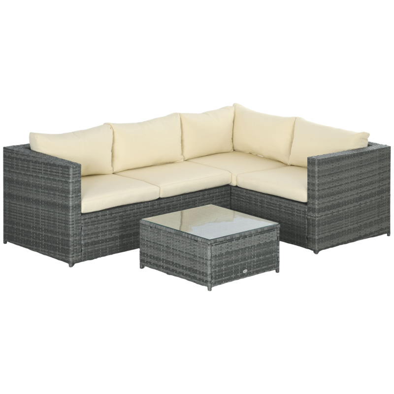 Outsunny Rattan Corner Sofa Set 3 Piece Garden Furniture With Cushions Glass Coffee Table