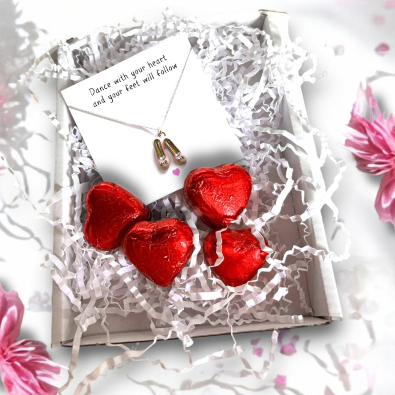 Aye Do Gifts Sterling Silver Ballet Shoes Necklace With Caramel Chocolate Hearts - 16 Inch Chain