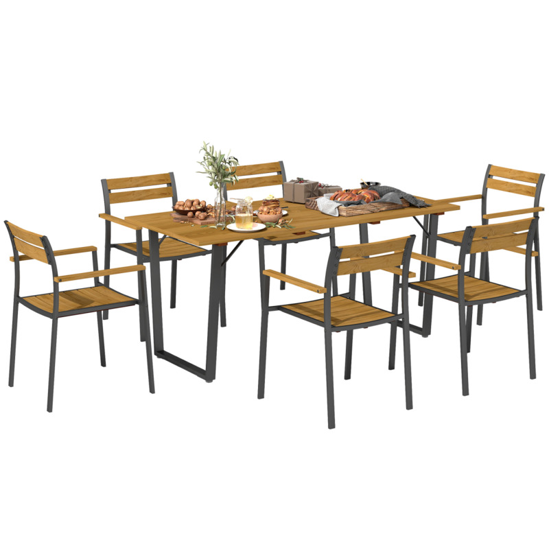Outsunny Fir Wood & Steel 7-piece Outdoor Dining Set With 6 Stackable Chairs - Brown, ⌀5cm Parasol Hole
