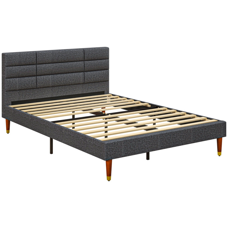Homcom Upholstered Double Bed Frame 4ft With Wooden Slats - No Box Spring Needed - 19cm Under-bed Clearance
