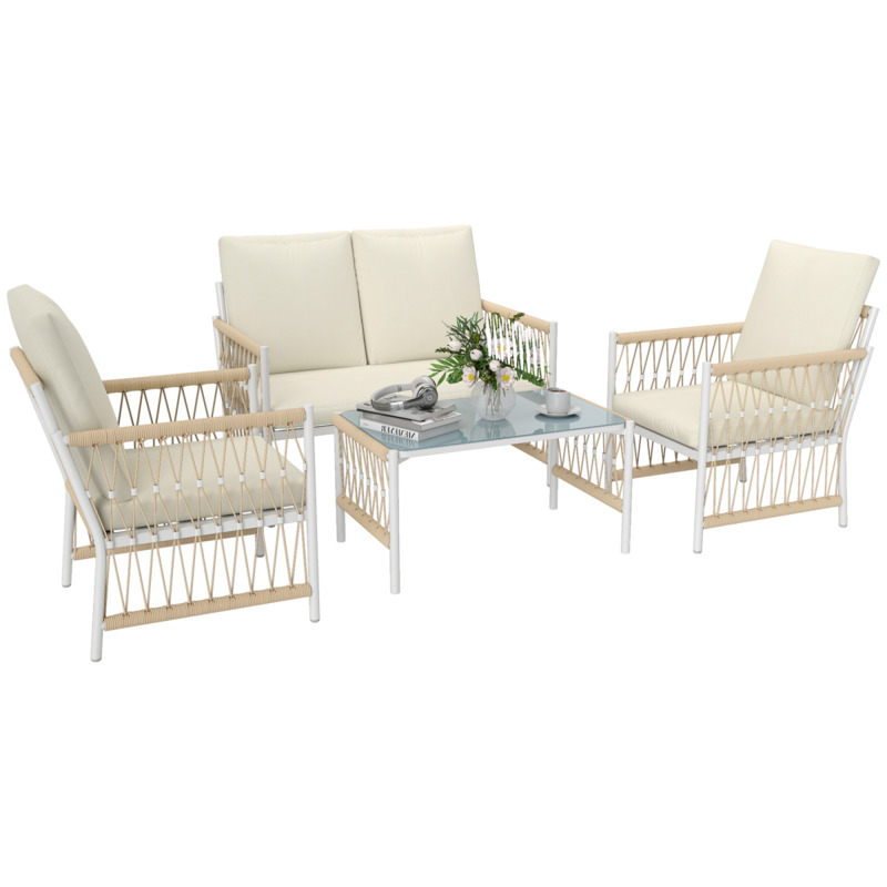 Outsunny 4 Seater Rattan Garden Sofa Set With Glass Top Coffee Table - Khaki