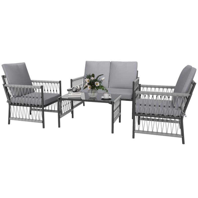 Outsunny 4 Seater Rattan Garden Sofa Set With Glass Top Coffee Table - Grey