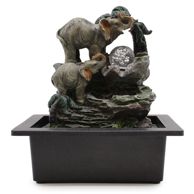 Tabletop Water Feature 30cm - Elephant Family - Tranquil Flow With Integrated Lighting