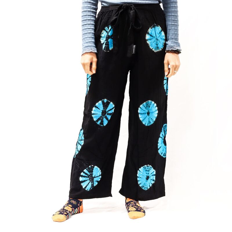 Artisan Handmade Black Blue Tie-dye Wide-leg Lounge Trousers - Medium