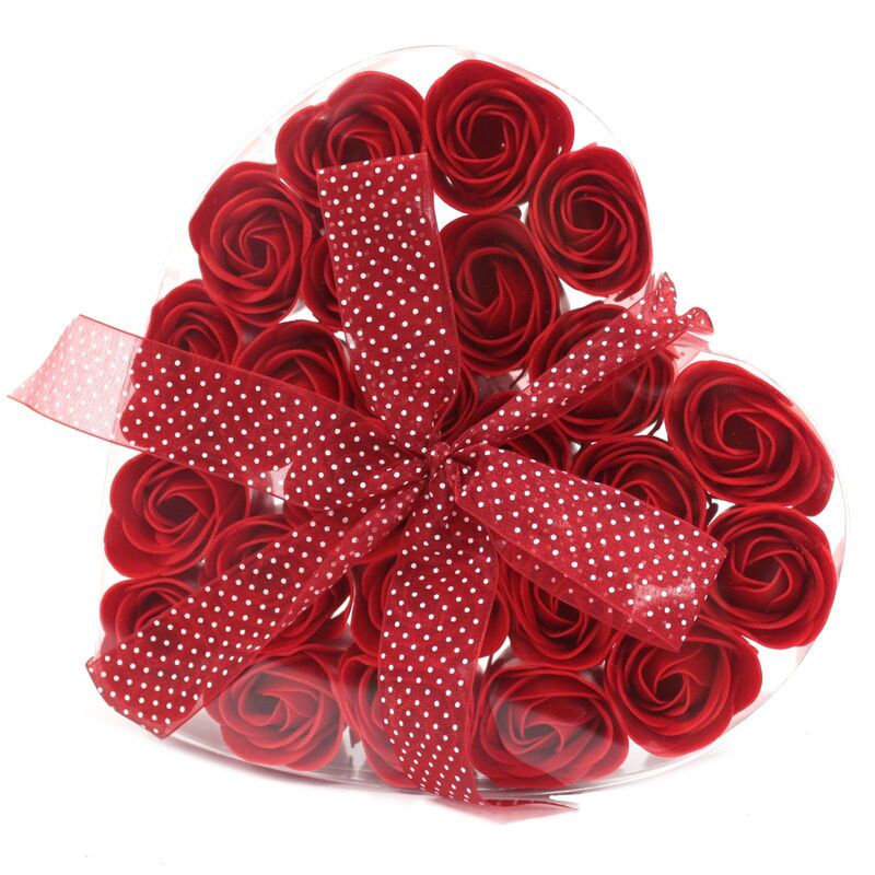 Red Rose Soap Flowers Set - 24 Petals In Heart Box For Romantic Baths