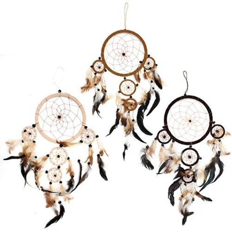 Handcrafted Dream Catcher With Wooden Ring - Cream, Coffee, Chocolate Suede - 17cm Diameter, 55cm Hanging Length