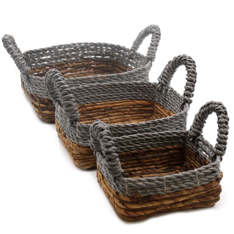 Banana Leaf & Abu-abu Raffia Square Baskets - Set Of 3