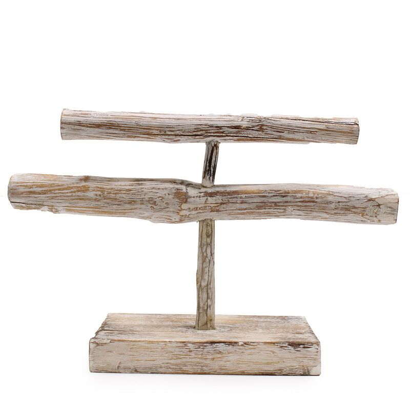 Whitewashed Wooden Double Branch Jewellery Stand - Artisan Crafted
