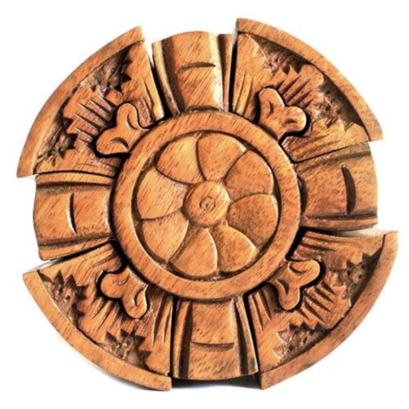 Sheesham Wood Round Petal Puzzle Box - Handcrafted Balinese Secret Compartment