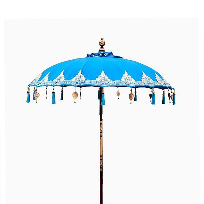 Turquoise Balinese Patio Parasol - Hand-loomed Cotton - 1.5m Canopy - Gold Motifs & Tassels