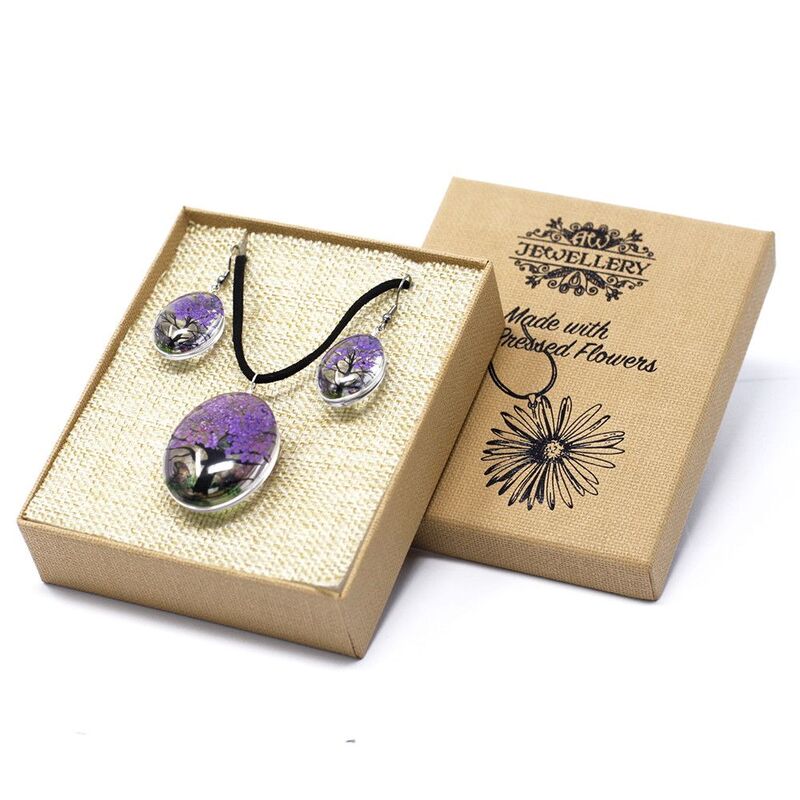 Pressed Lavender Flower Jewellery Set - Real Flowers, 3.7cm Pendant, 70cm Chain, 12cm Gift Box