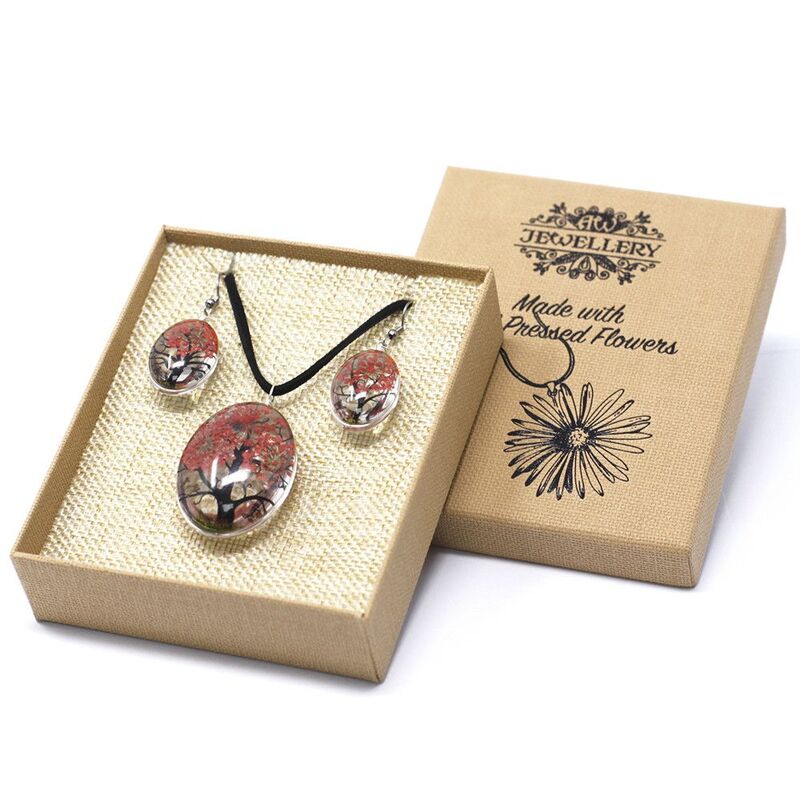 Pressed Flower Jewellery Set, Tree Of Life Pendant, Coral - Necklace 70cm, Pendant 3.7 X 3cm