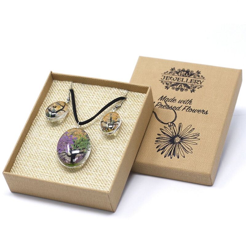 Real Pressed Flowers Jewellery Set - Tree Of Life Pendant 3.7x3cm (24g) & Earrings 2.5x1.7cm (14g) - 70cm Chain - Mixed Colours