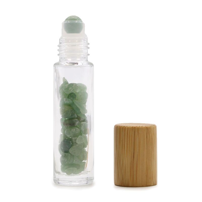 Green Aventurine Essential Oil Roller Bottle With Wooden Cap - Authentic Polished Stone Roller