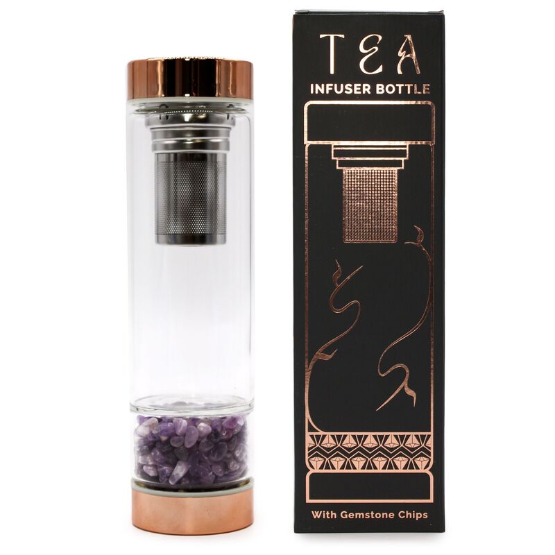 Borosilicate Glass Tea Infuser Bottle - Amethyst Gemstone - 500ml Capacity - Rose Gold Cap