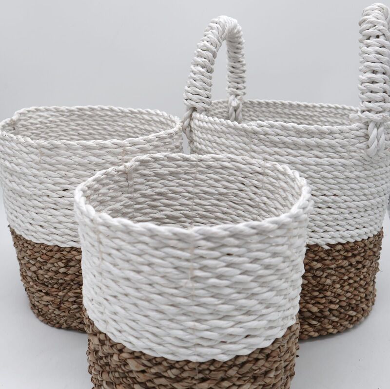 Handwoven Seagrass Basket Set - Natural White - Set Of 3 (large: H 17-28cm D 20cm, Medium: H 16cm D 17cm, Small: H 14cm D 14cm)