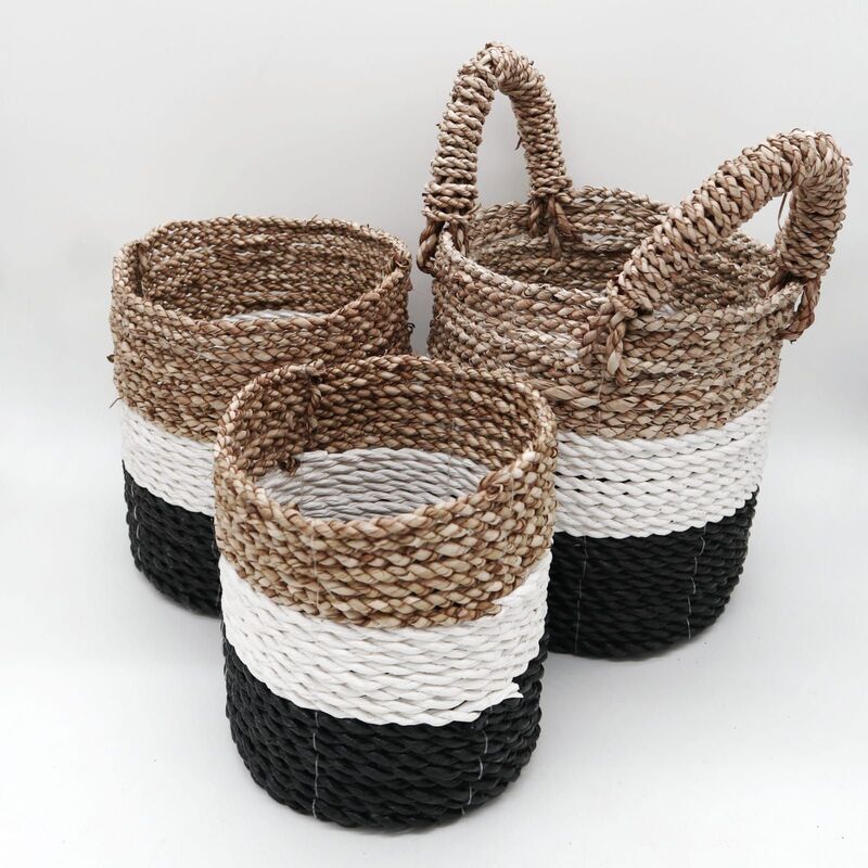Handwoven Seagrass Basket Set - Set Of 3 - Dark Grey, White, Natural
