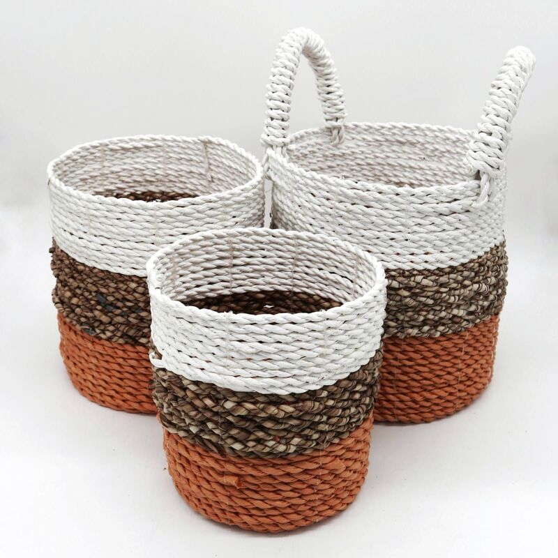 Handwoven Seagrass Basket Set - Orange / Natural / White - Set Of 3