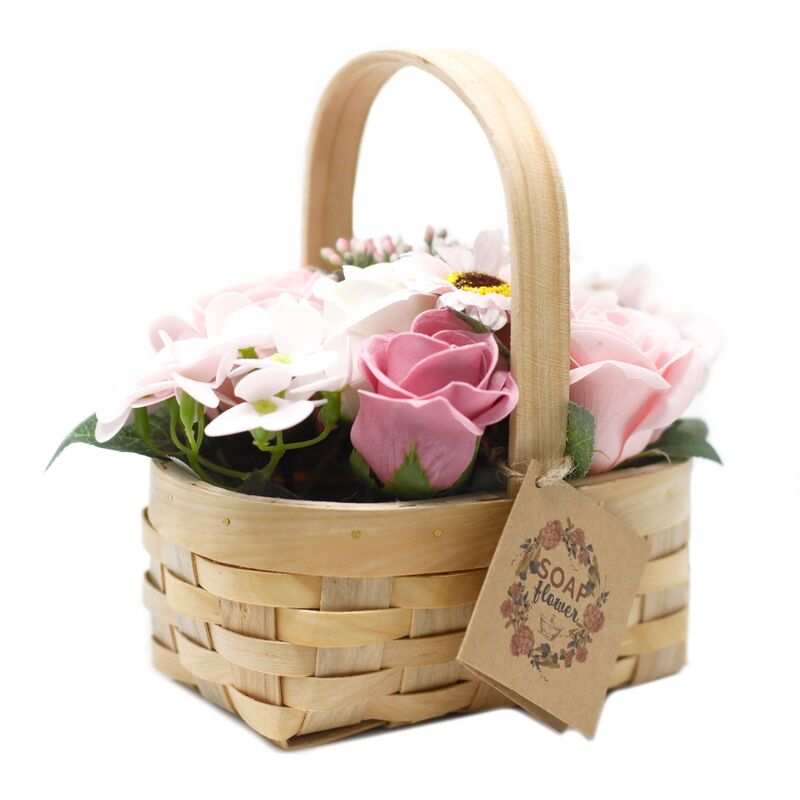Wicker Basket Flower Bouquet - 9 Flowers (6 Roses, 2 Hyacinths, 1 Sunflower) - Medium