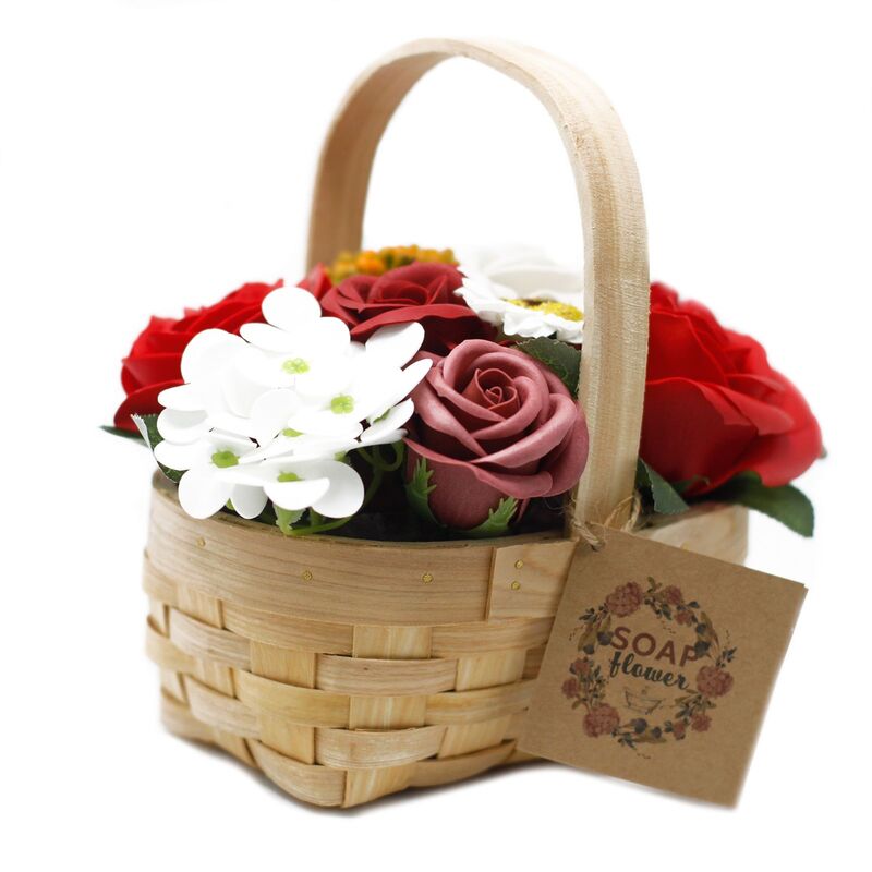 Medium Red Flower Bouquet - Rustic Wicker Basket