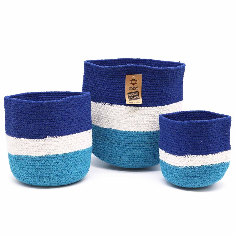 Jute Rope Baskets Set Of 3 - Evil Eye Design, Blue, White, Teal, Small (15cm), Medium (20cm), Large (25cm)