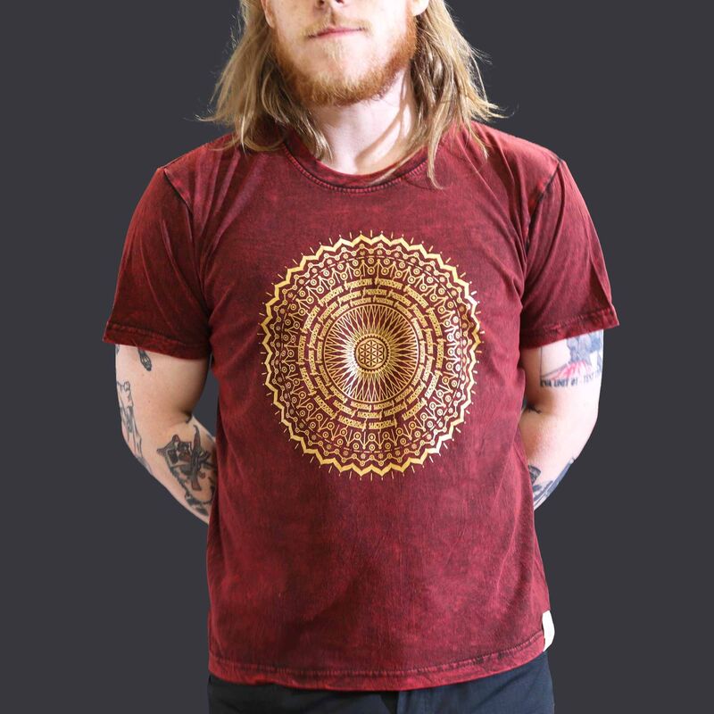 Stone Washed Cotton T-shirt - Large - Relaxed Fit - Maroon Mandala Print