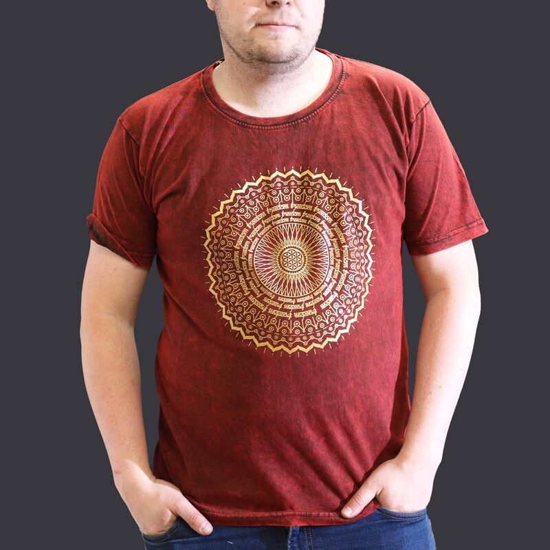 Stone Washed T-shirt Xlarge - Maroon Mandala Design