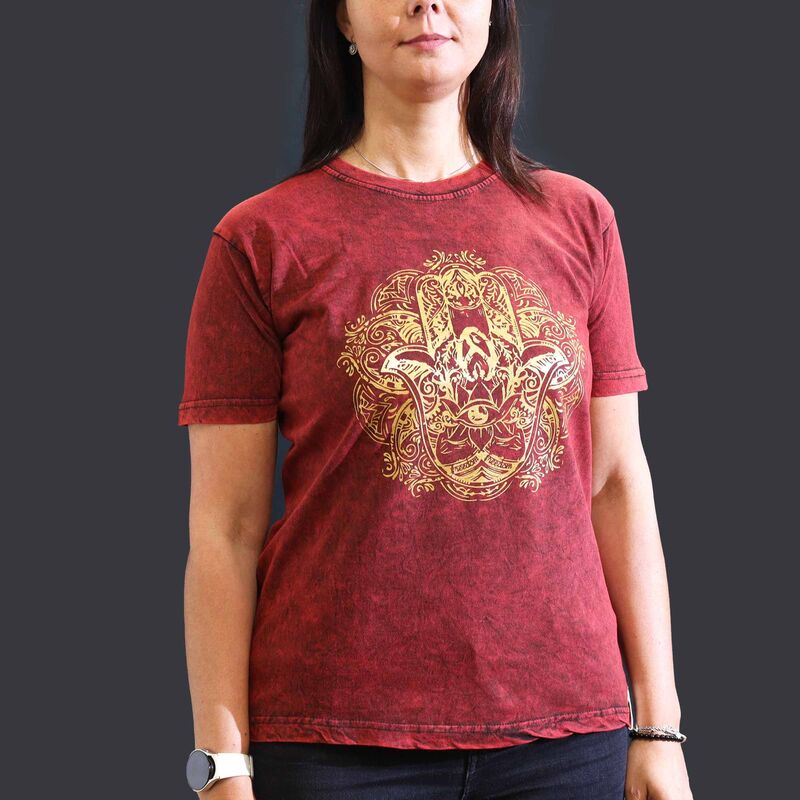 Cotton T-shirt - Medium Weight - Stone Washed - Maroon - Hamsa Hand Motif