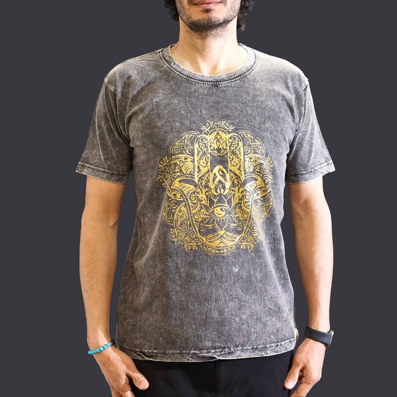 Hamsa Hand T-shirt - Dark Grey Cotton - Medium Weight - Stone Washed