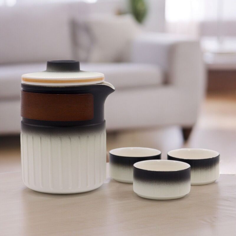Ceramic Travel Teapot Set With 3 Cups Infuser - 350ml Teapot - White Black Gradient