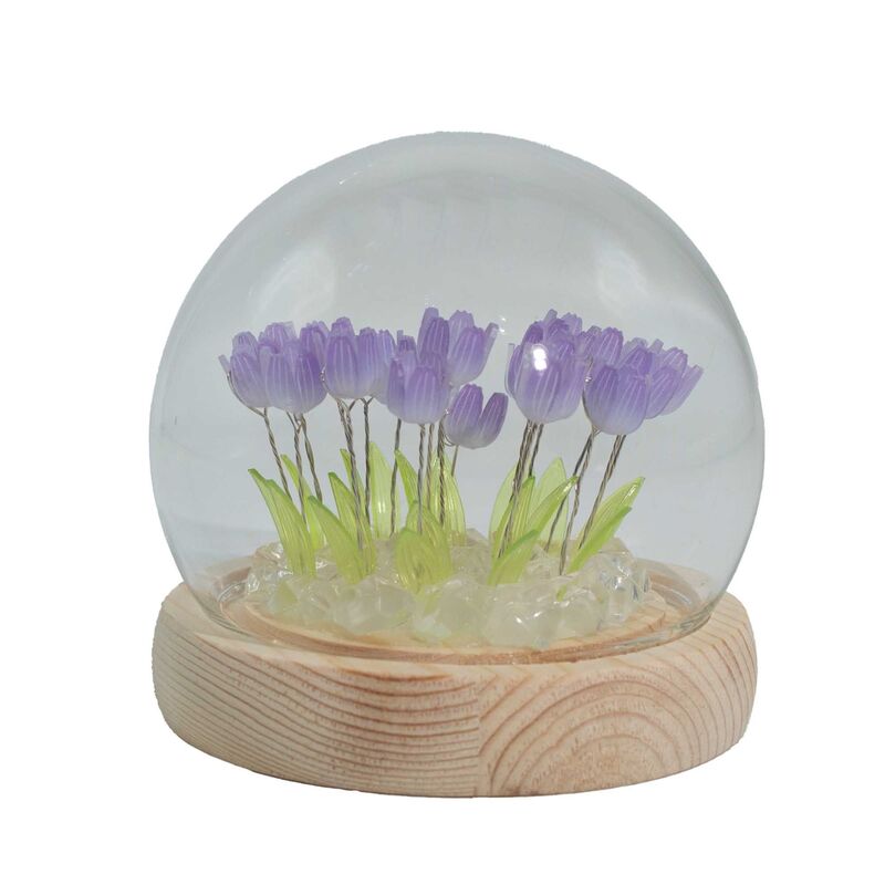 20 Tulips Led Usb Floral Garden Dome - Glass Enclosure With Wooden Base