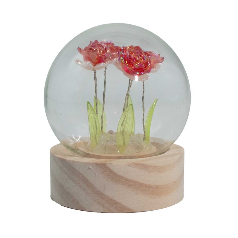 Eternal Romance Garden Dome - 5 Deep Red Roses - Led Battery Powered - Glass Dome With Wooden Base