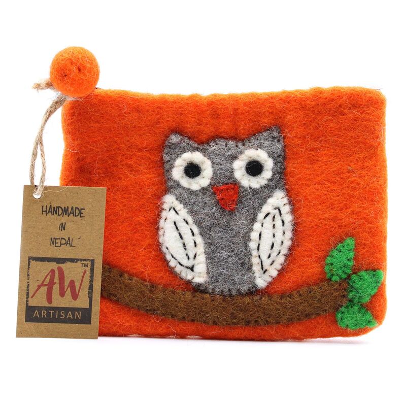 Owl On Branch Felt Zipper Pouch - Coin Purse, Makeup Bag, Small Organiser