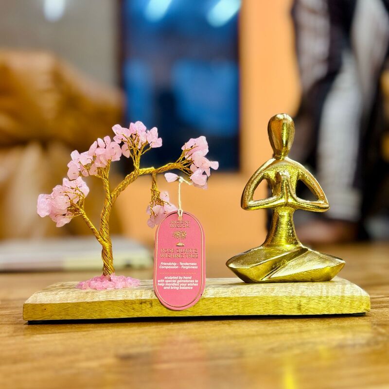 Rose Quartz Gemstone Yoga Garden With Namaste Figurine - 100 Chipstones