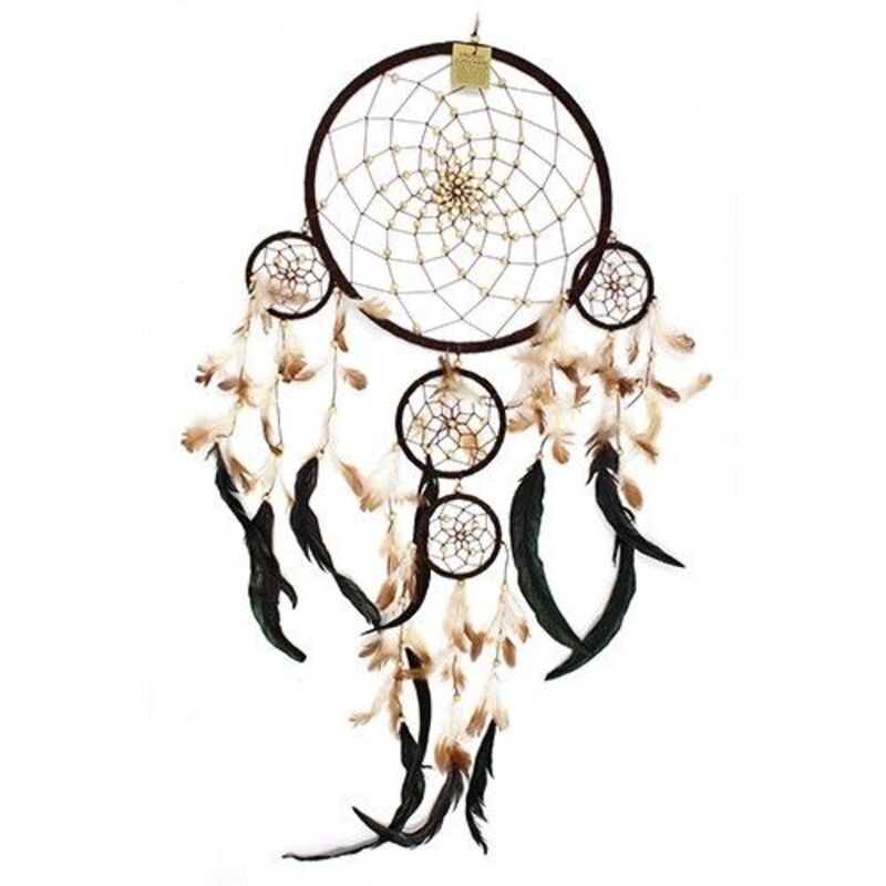 Xl Round Dreamcatcher 32cm Diameter - Cream, Coffee & Chocolate Suede, Wooden Beads, 11x4 Feathers