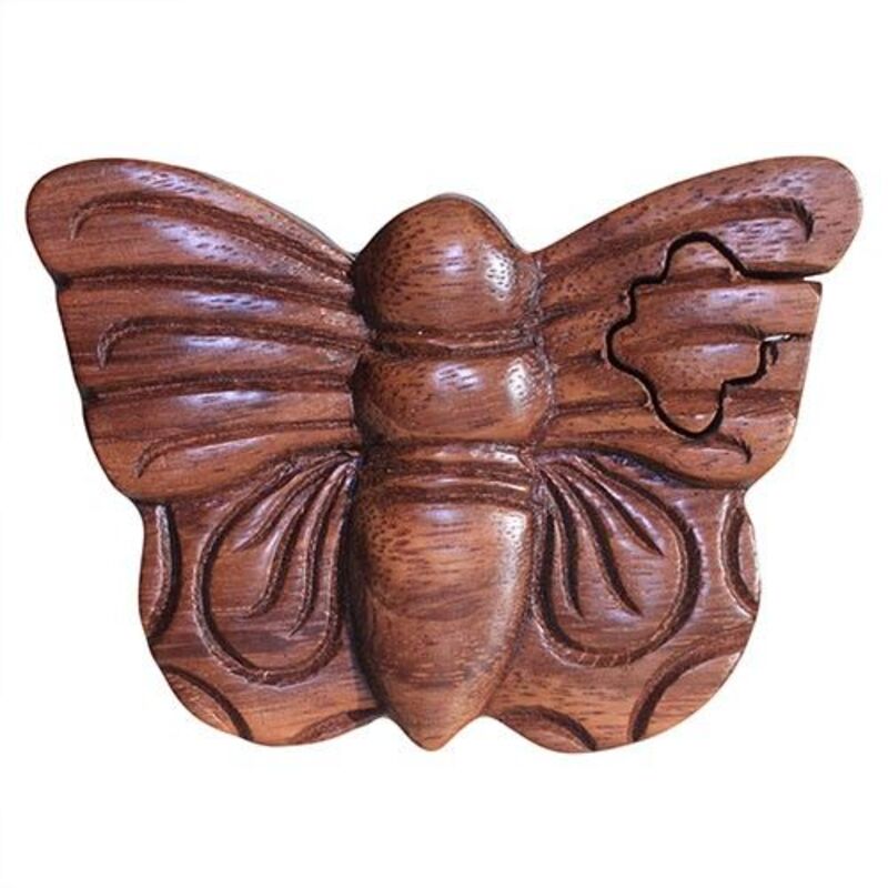 Wooden Puzzle Box 'butterfly' - Handmade Indian Design Secret Compartment