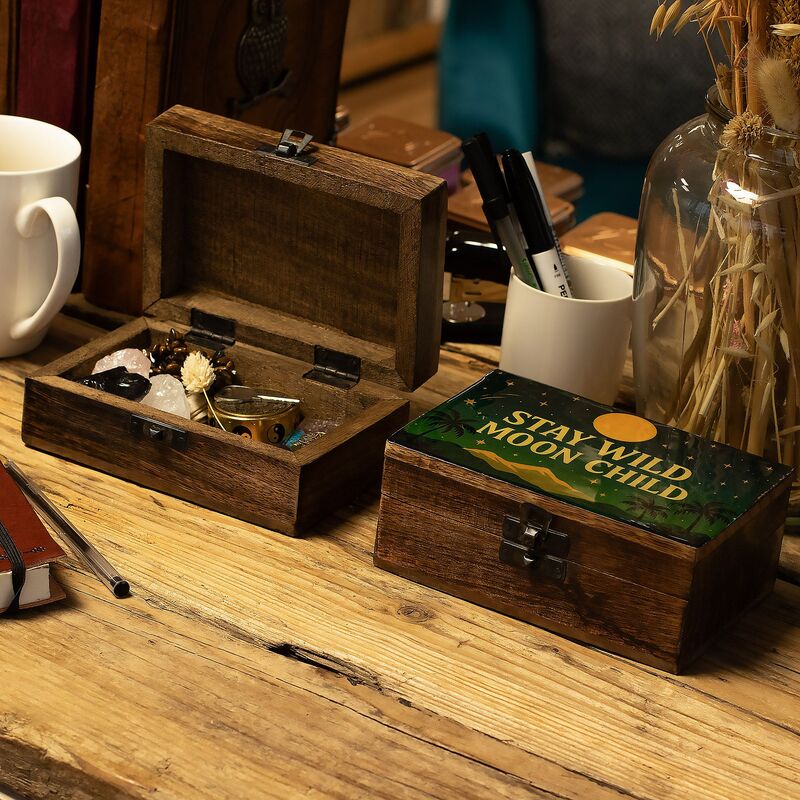 Mango Wood Box 'stay Wild Moon Child' Medium Enamelled Storage For Jewellery Keepsakes