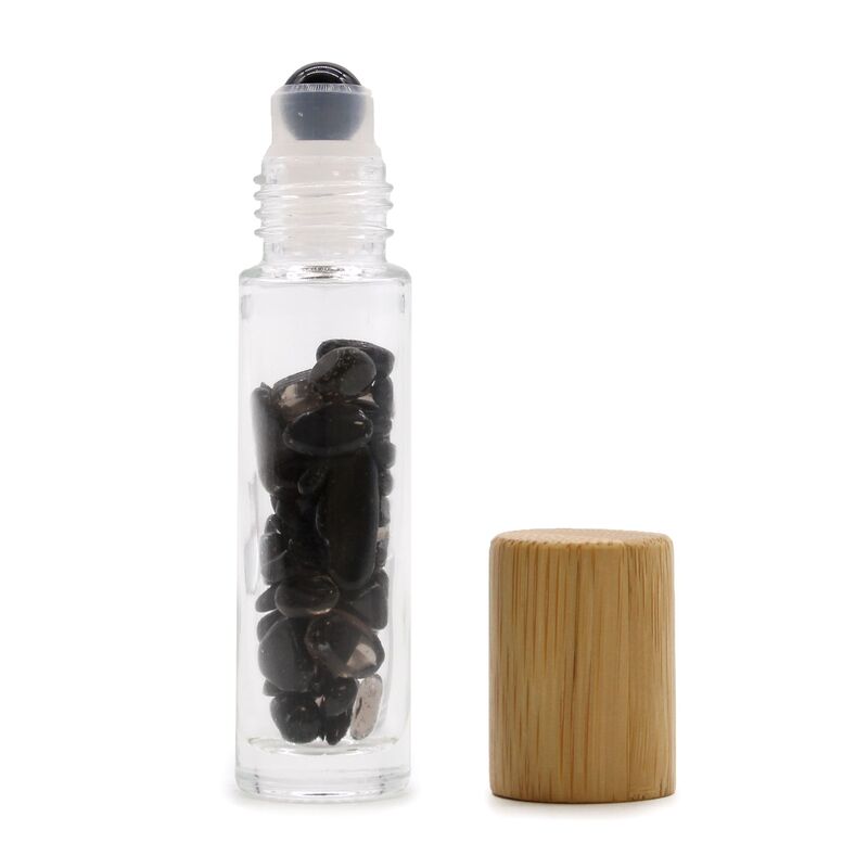 Black Tourmaline Gemstone Essential Oil Roller Bottle With Wooden Cap