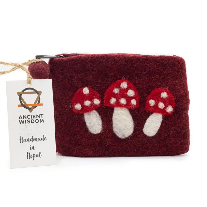 Wild Mushroom Felt Zipper Pouch - Natural Felt, Coin Purse, Makeup Bag
