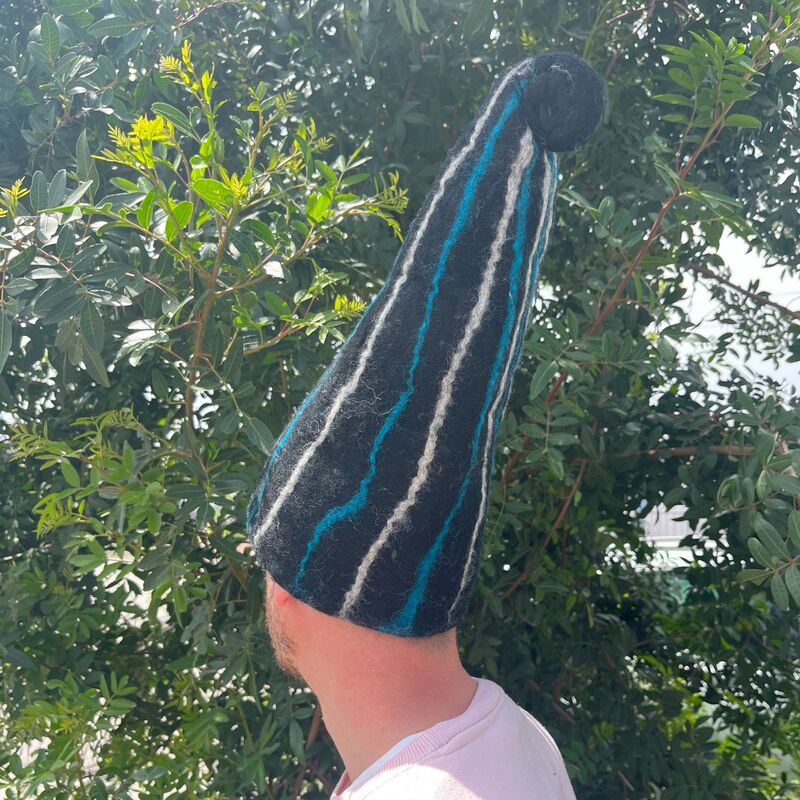 Wool Felt Sauna Wizard Hat - Black Blue Streaks
