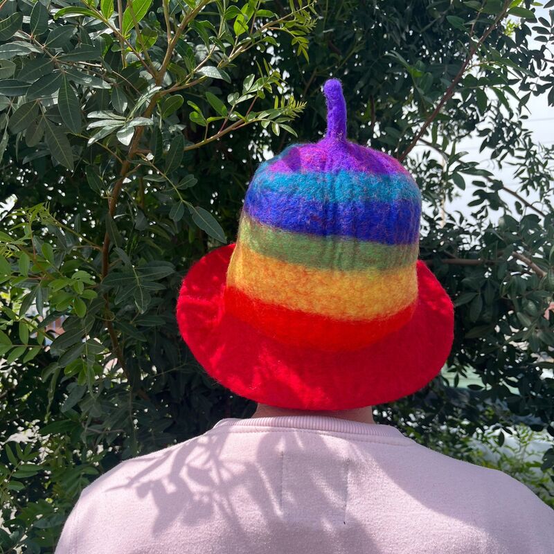 Felted Sauna Hat With Rainbow Pattern - Wool For Heat Protection