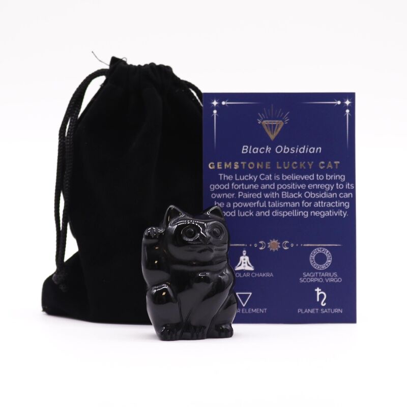 Black Obsidian Lucky Cat Figurine - Protective Charm