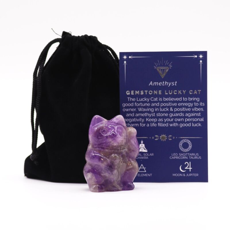 Amethyst Lucky Cat Figurine - Genuine Stone, Good Fortune Symbol